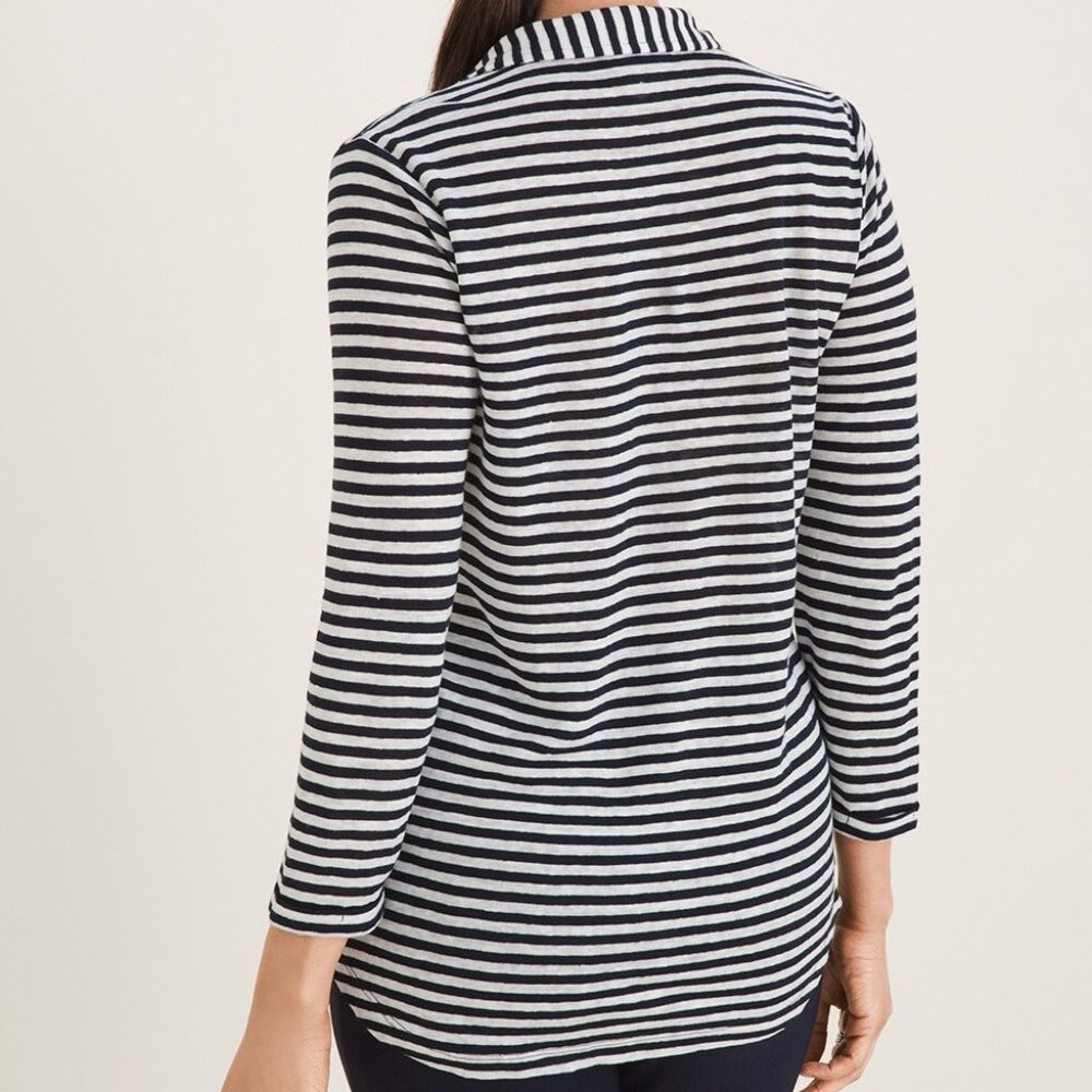 Chico's Striped Linen Pocket Top Blue White Linen